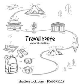 Sketch travel route concept with backpack map binoculars compass camera airplane air balloon and sightseeings vector illustration