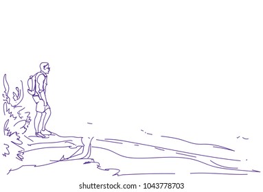 Sketch Traveler Man With Backpack Looking At Empty Copy Space Hand Drawn Abstract Hiker Tourist Guy Vector Illustration