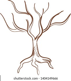 Sketch A tree in brown color has no fruits or leaves and stands with long-penetrating roots set isolated on white background viewed from the front, vector, color drawing or illustration.