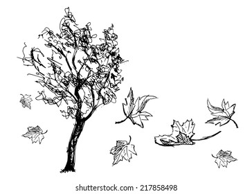 Sketch Tree With Falling Leaves. Vector Illustration