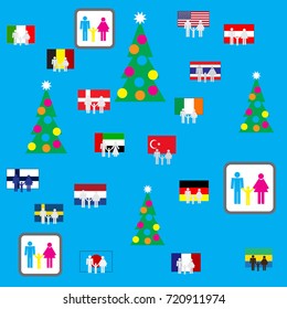Sketch of the tree and flags. Colorful Christmas card. Vector Christmas tree and family.