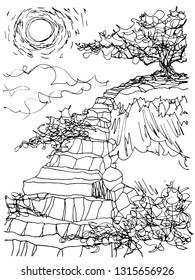 Sketch tree on mountain rock stair illustration vector doodle design hand drawn