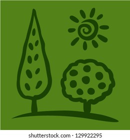 Sketch tree and sun on green background, vector illustration