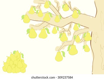 The sketch of a tree with yellow pears