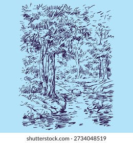 Sketch of trees and canal in the forest vector for illustration, card, decoration