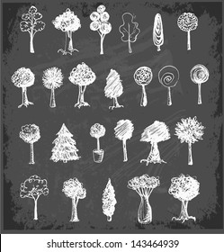 Sketch trees collection on black chalkboard. Vector illustration.