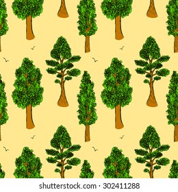 Sketch trees  in vintage style, vector seamless pattern