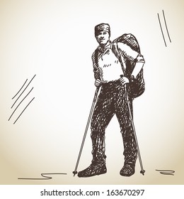 Sketch of Trekking man with trekking poles Vector