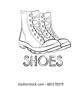 Sketch of trekking shoes on white, sport and hiking boots