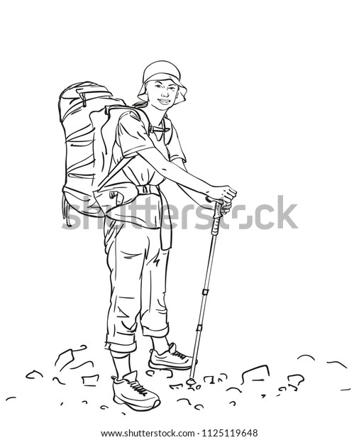 Sketch Trekking Woman Big Backpack Hand Stock Vector (Royalty Free ...