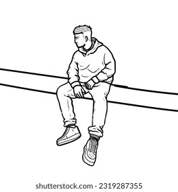 Sketch Trendy Hoodie Hipster boy or man or guy with cool sneakers isolated on white background vector modern illustrations