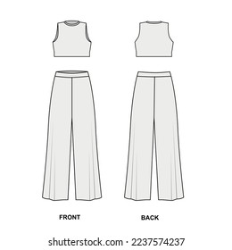 Sketch trendy set of palazzo trousers and crop top. Technical drawing of wide trousers and top. Suit template from flared pants and crop top, vector