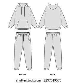 Sketch trendiger Sportanzug, Vektorgrafik. Technische Zeichnung eines grauen Schlafanzugs. Vorlagensatz von Outdoor-Sport-Sweatshirts mit Kapuze und Sweatpants.