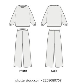 Sketch of a trendy suit consisting of wide pants and a sweatshirt with a round neck, vector. Outline drawing Pajama pants and sweatshirt. Front and back view women's tracksuit template, vector. svg