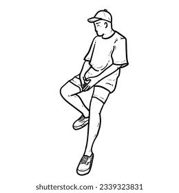 Sketch Trendy tshirt Hipster boy or man or guy with cool sneakers isolated on white background vector modern illustrations