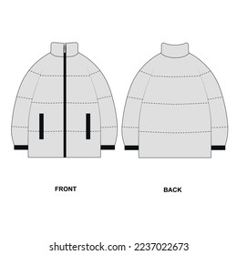 Sketch trendy winter jacket, vector. Technical drawing of a gray insulated jacket. Template set of an outline sports jacket in this color.