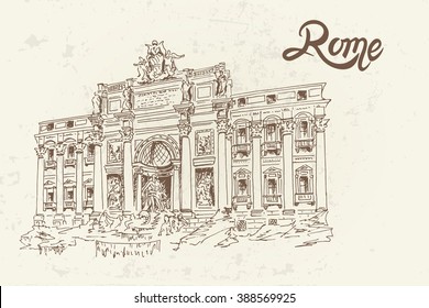 sketch of Trevi Fountain - the largest and most famous of the fountains of Rome. Italy. Retro style.