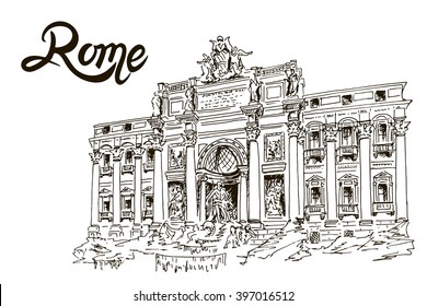 sketch of Trevi Fountain - the largest and most famous of the fountains of Rome. Italy. 