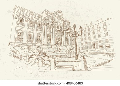 sketch of Trevi Fountain - the largest and most famous of the fountains of Rome. Italy. Retro style.