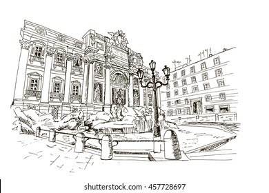 sketch of Trevi Fountain - the largest and most famous of the fountains of Rome. Italy.