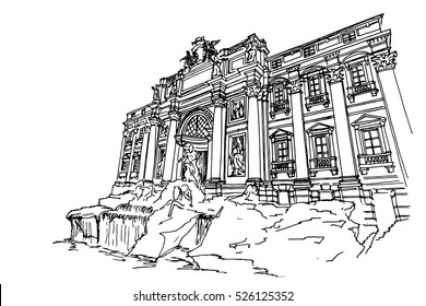 sketch of Trevi Fountain - the largest and most famous of the fountains of Rome. Italy.