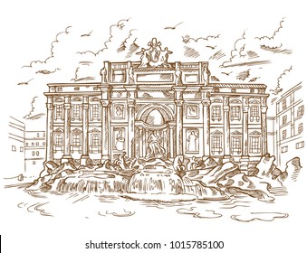 sketch of Trevi Fountain in retro style