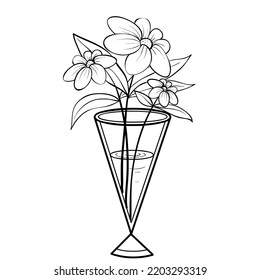 sketch of a triangular transparent vase in which there are flowers, coloring book, cartoon illustration, isolated object on a white background, vector, eps