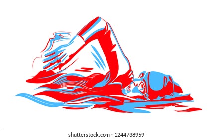 the sketch of Triathlon Athlete swimming in ocean