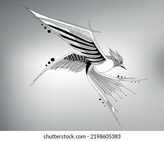 Sketch Tribal Bird Tattoo. Vector Drawing Of A Bird In Flight Made With Beautiful Patterns. Bird Logo