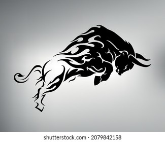 Sketch Tribal Bull Tattoo. Vector Drawing Of A Galloping Bull In Tongues Of Flame