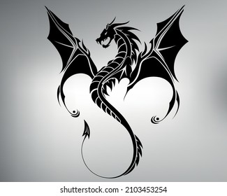 Sketch Tribal Dragon Tattoo. Vector Drawing Of A Dragon With Wide Spread Wings. Flying Lizard