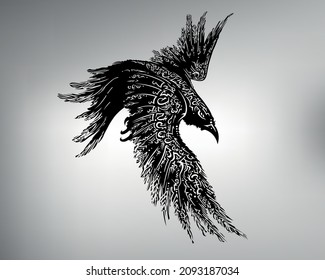 sketch tribal raven tattoo. vector drawing of a raven in flight. mystical raven with hieroglyphs and signs