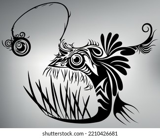 Sketch Tribal Tattoo Angler Fish. Wind Drawing Underwater Predator. Fish Angler Logo