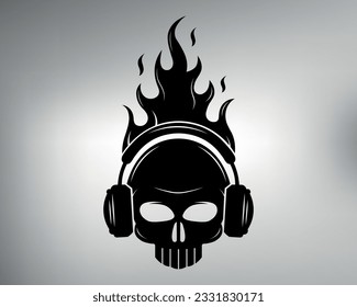 sketch tribal tattoo skull. vector drawing scoop in headphones listens to music. skull logo. fire music