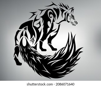 sketch tribal tattoo wolf. vector drawing werewolf with a lush big tail