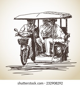 Sketch of tricycle moto taxi with tourist Hand drawn vector illustration