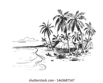 Sketch of a tropical beach with palm trees, bungalows and the sea. Hand drawn illistration converted to vector