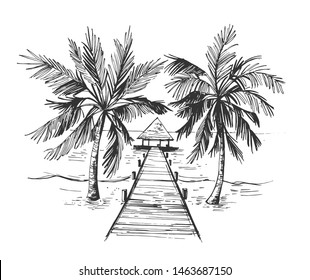 Sketch of a tropical beach with palm trees and the sea. Hand drawn illistration converted to vector