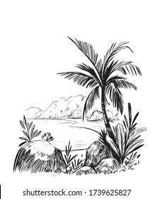 Sketch of a tropical beach with palm trees and the sea. Hand drawn illistration converted to vector