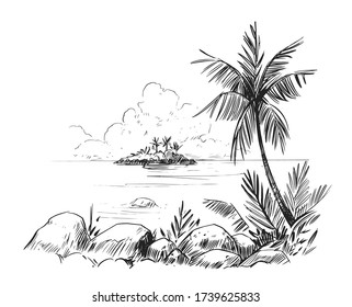 Sketch of a tropical beach with palm trees and the sea. Hand drawn illistration converted to vector