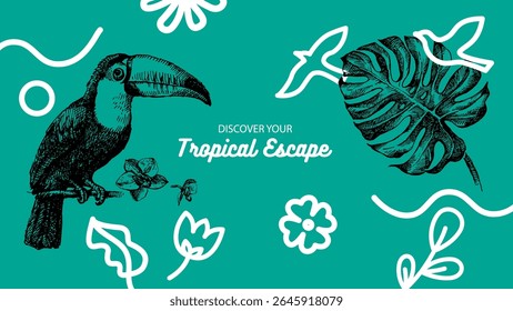 Esboçar aves tropicais e plantas quadro. Ilustração de vetor desenhada à mão. Colagem de Aloha