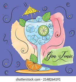 Sketch of a tropical gin tonic cocktail with ice cubes Tropical beverage Vector