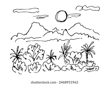 Sketch of tropical landscape with palms.Vector illustration	