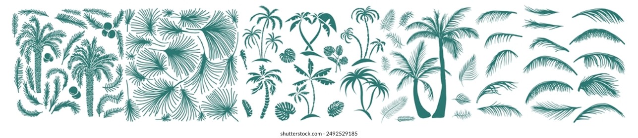 Sketch tropical palm trees. Hand drawn vintage Hawaii beach palms, Set of palm trees and palm leaves . Hand drawing. Not AI, Vector illustration