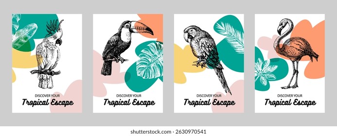 Sketch tropical paradise birds and plants poster set. Hand drawn vector illustrations