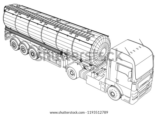 Sketch of a truck with a tank vector. Created\
illustration of 3d.\
Wire-frame.