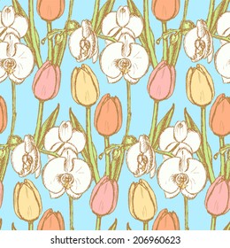 Sketch tulip and orchid, vector vintage seamless pattern 