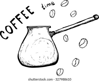 Sketch turkish coffee pot with coffee beans and lettering Coffee time isolated vector