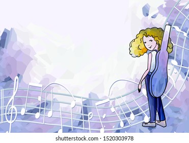 Sketch - turned around and looks, the figure of a girl with a guitar case walking along the road from notes through the clouds, composing music - creativity, fun, set