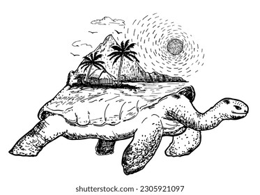 Sketch turtle illustration. Turtle and a tropical beach in tattoo style. Double exposure. Isolated vector hand drawn illustration. For coloring page, shirt design effect, logo, tattoo and decoration.